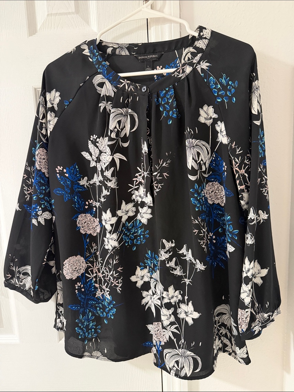 Banana Republic Black Floral Blouse with Blue and White Print